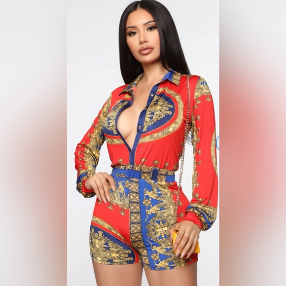 Fashion Nova Pants - Fashion Nova Red, Blue & Gold Baroque Print Jumpsuit